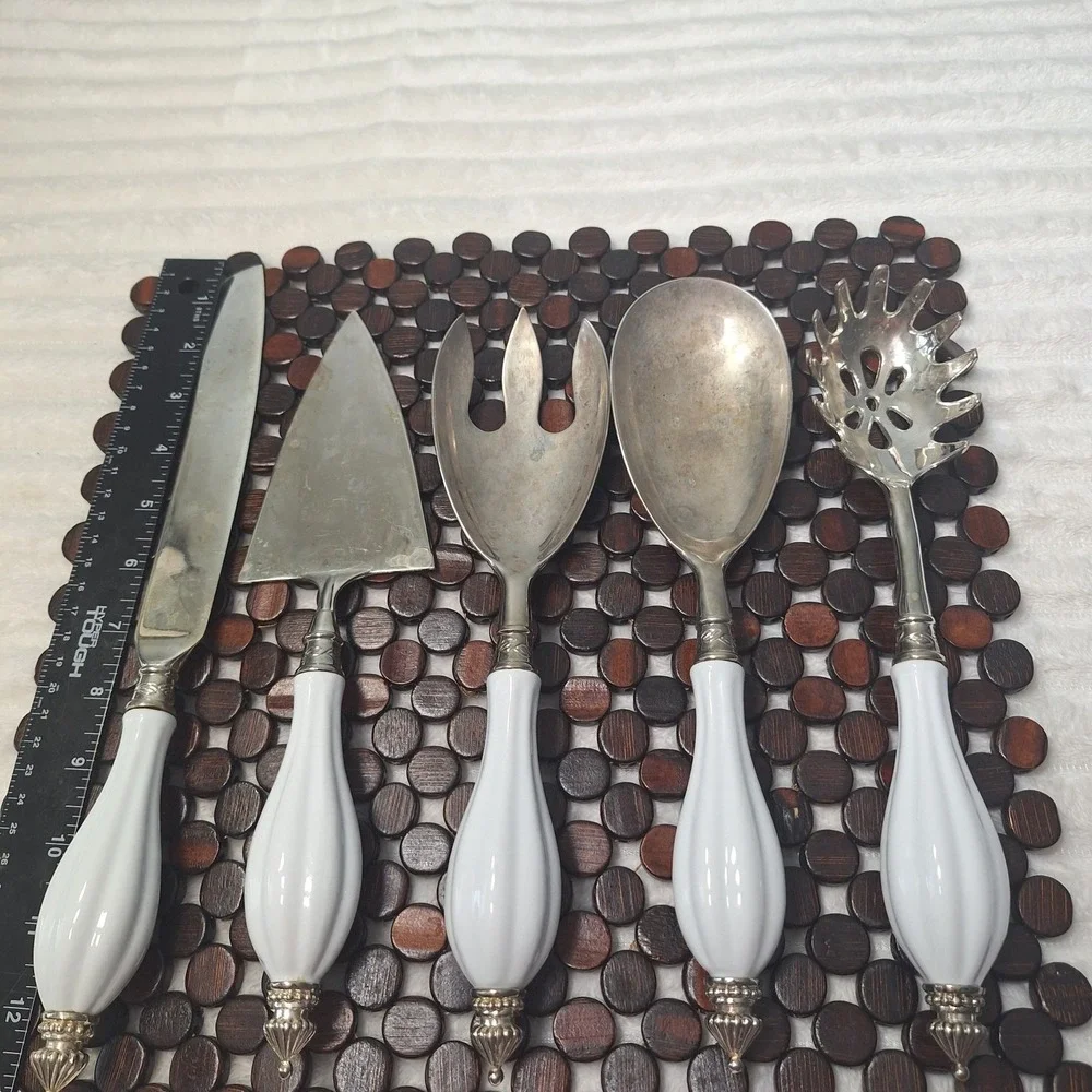 5 Pc Set Elegant Godinger Silver Plate Serving Set Porcelain Handle Victorian